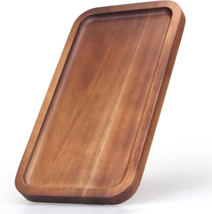 Ayiaren acacia wood mini serving tray, rectangular, displayed with cheese and crackers on a rustic table.