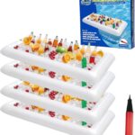Four white rectangular inflatable cooler tables filled with ice, drinks, and food, set up for a party.