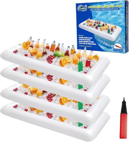 Four white rectangular inflatable cooler tables filled with ice, drinks, and food, set up for a party.