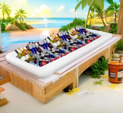 Four white rectangular inflatable cooler tables filled with ice, drinks, and food, set up for a party.