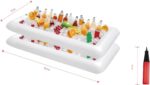 Four white rectangular inflatable cooler tables filled with ice, drinks, and food, set up for a party.