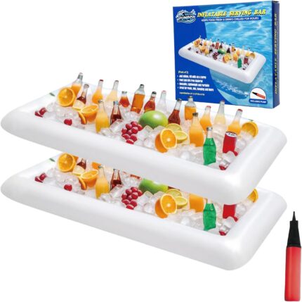Two white BCWATERFUNPD inflatable serving bars filled with ice, drinks, and snacks at an outdoor party setting.
