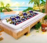 Two white BCWATERFUNPD inflatable serving bars filled with ice, drinks, and snacks at an outdoor party setting.