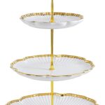 Elegant BPFY 3-tier porcelain serving tray with gold trim and embossed floral design, holding cupcakes and pastries.