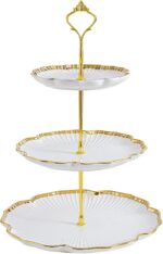 Elegant BPFY 3-tier porcelain serving tray with gold trim and embossed floral design, holding cupcakes and pastries.