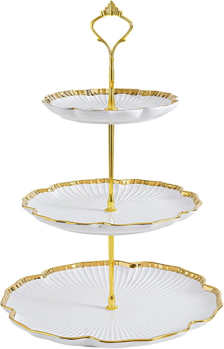 Elegant BPFY 3-tier porcelain serving tray with gold trim and embossed floral design, holding cupcakes and pastries.