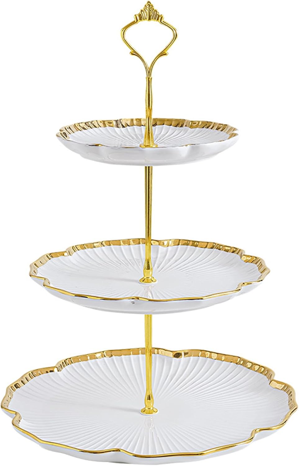 bpfy-3-tier-porcelain-serving-tray-with-elegant-floral-gold-trim-embossed-01 Elegant BPFY 3-tier porcelain serving tray with gold trim and embossed floral design, holding cupcakes and pastries.