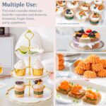 Elegant BPFY 3-tier porcelain serving tray with gold trim and embossed floral design, holding cupcakes and pastries.