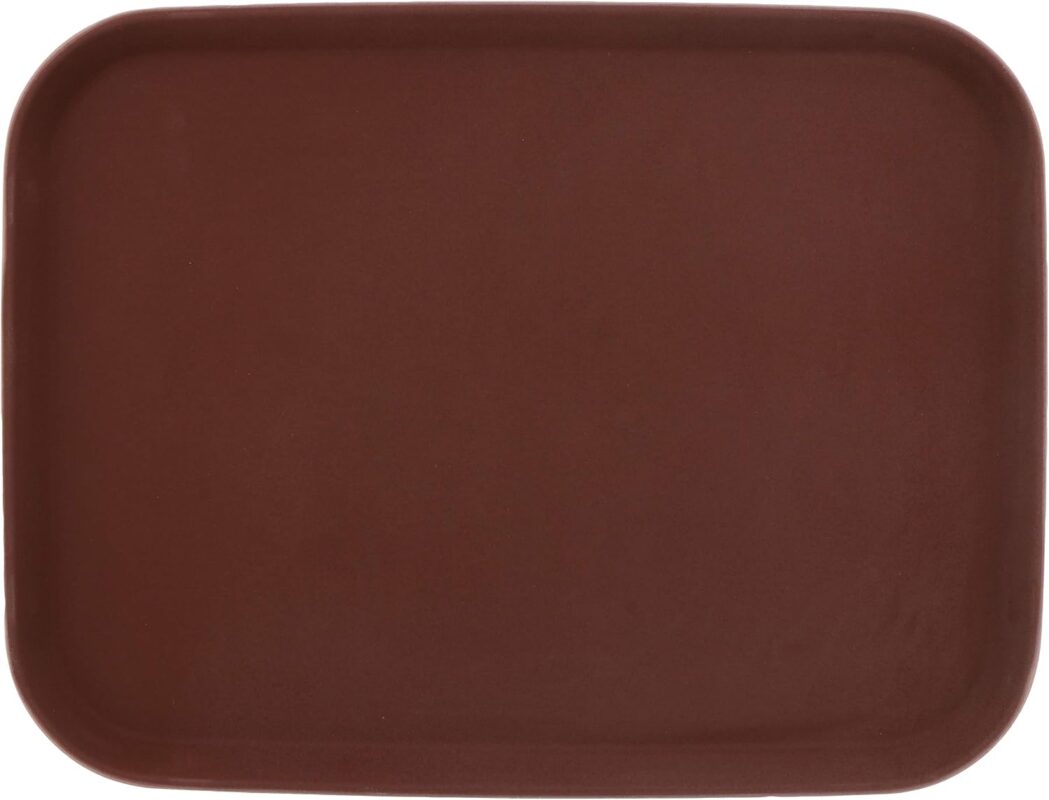 Brown 12x16 inch rectangular serving tray made of textured non-slip plastic with raised edges, seen from an angle.