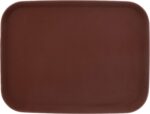 Brown 12x16 inch rectangular serving tray made of textured non-slip plastic with raised edges, seen from an angle.