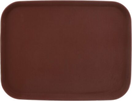 Brown 12x16 inch rectangular serving tray made of textured non-slip plastic with raised edges, seen from an angle.