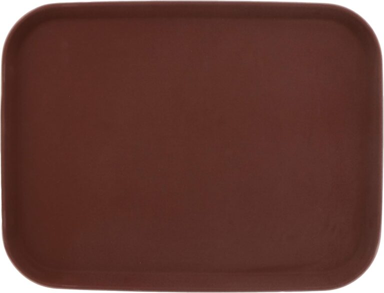 Brown 12x16 inch rectangular serving tray made of textured non-slip plastic with raised edges, seen from an angle.