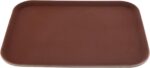 Brown 12x16 inch rectangular serving tray made of textured non-slip plastic with raised edges, seen from an angle.