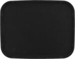 Brown 12x16 inch rectangular serving tray made of textured non-slip plastic with raised edges, seen from an angle.