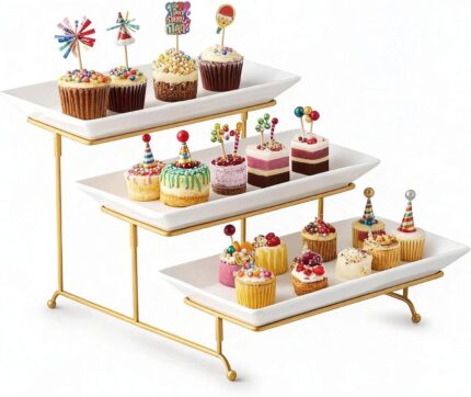 A three-tier Gomakren serving stand with gold frame and white rectangular porcelain platters, displaying various desserts.