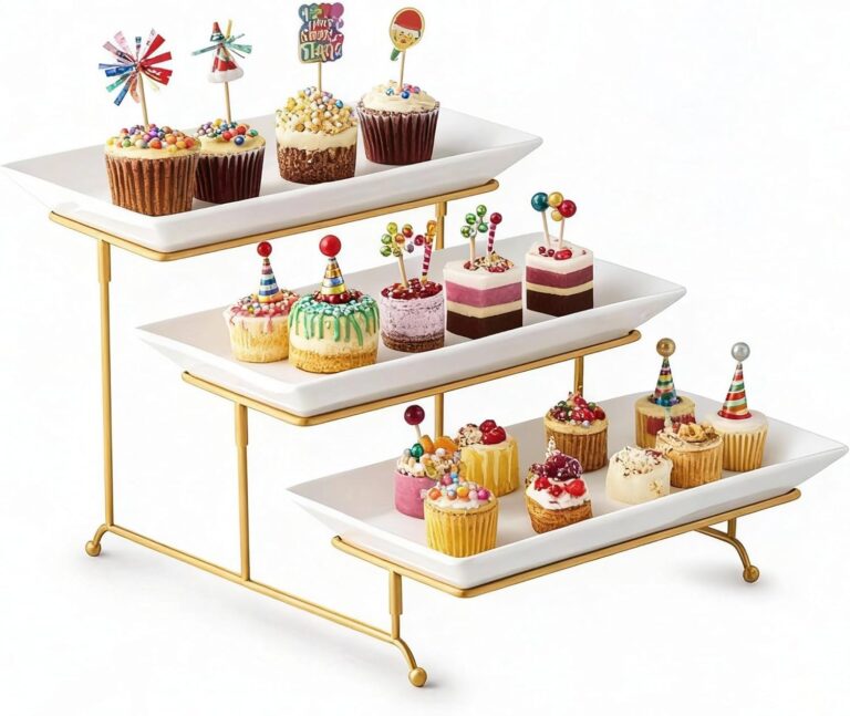 A three-tier Gomakren serving stand with gold frame and white rectangular porcelain platters, displaying various desserts.