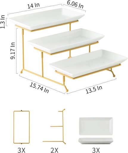 A three-tier Gomakren serving stand with gold frame and white rectangular porcelain platters, displaying various desserts.