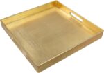 A modern 13-inch square gold foil decorative serving tray with cutout handles on a white background.
