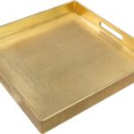 A modern 13-inch square gold foil decorative serving tray with cutout handles on a white background.