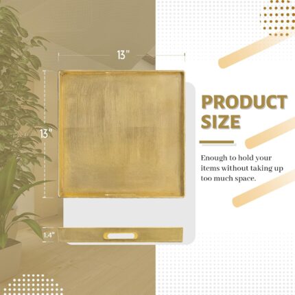A modern 13-inch square gold foil decorative serving tray with cutout handles on a white background.