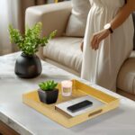 A modern 13-inch square gold foil decorative serving tray with cutout handles on a white background.