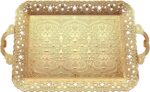 PARK & OZ Turkish Vintage Gold Serving Tray with handles, showcasing intricate Ottoman geometric patterns on a reflective sur
