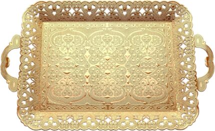 PARK & OZ Turkish Vintage Gold Serving Tray with handles, showcasing intricate Ottoman geometric patterns on a reflective sur