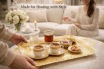 PARK & OZ Turkish Vintage Gold Serving Tray with handles, showcasing intricate Ottoman geometric patterns on a reflective sur