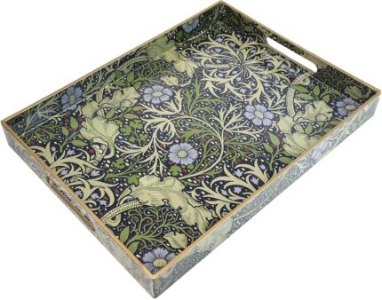 Rectangular seaweed-colored plastic serving tray with integrated handles, displayed on a coffee table.
