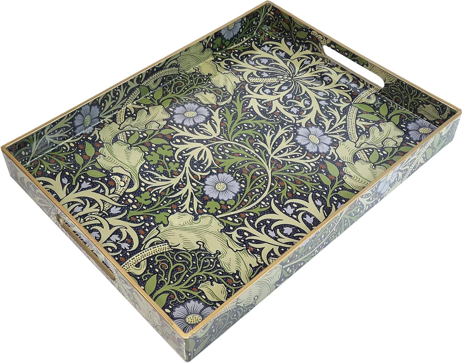 spsyrine-plastic-serving-tray-with-handles-for-coffee-table-seaweed-01 Rectangular seaweed-colored plastic serving tray with integrated handles, displayed on a coffee table.