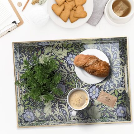 Rectangular seaweed-colored plastic serving tray with integrated handles, displayed on a coffee table.