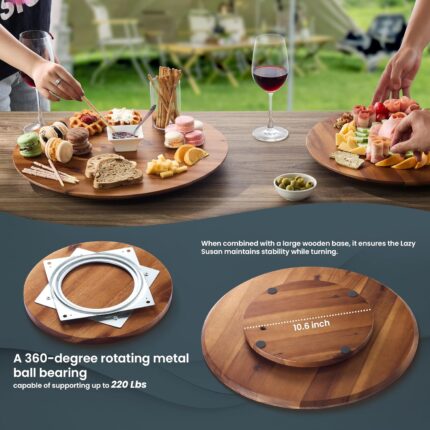 An 18-inch round Tidita acacia wood lazy susan turntable on a kitchen countertop, showcasing its natural wood grain.