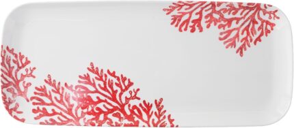 A rectangular UP Red Coral Melamine Serving Tray with a vibrant red coral pattern on a light background.