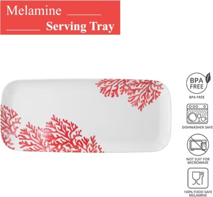 A rectangular UP Red Coral Melamine Serving Tray with a vibrant red coral pattern on a light background.