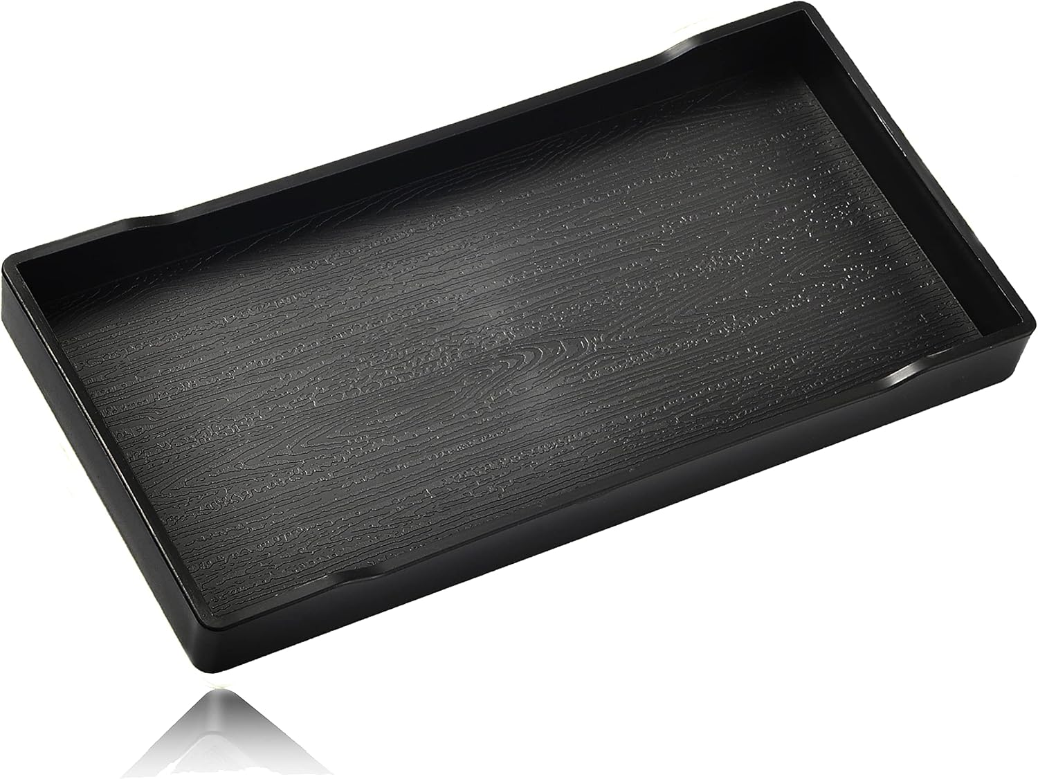 vcreatc-small-black-rectangular-tray-8-1-x-4-1-plastic-organizer-01 A sleek, small black rectangular plastic tray from VCREATC, ideal for organizing soaps or vanity items on a countertop.