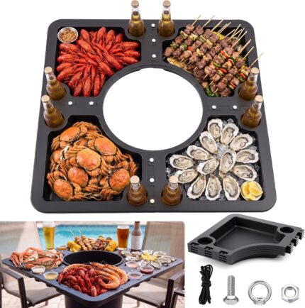 Vercraft 40 inch by 40 inch black plastic picnic table with 8 beverage holders, suitable for outdoor parties.