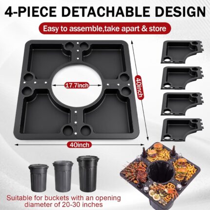 Vercraft 40 inch by 40 inch black plastic picnic table with 8 beverage holders, suitable for outdoor parties.