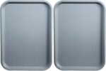 Two rectangular gray Winco fast food trays, 14 by 18 inches, stacked neatly on a clean surface.