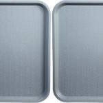 Two rectangular gray Winco fast food trays, 14 by 18 inches, stacked neatly on a clean surface.
