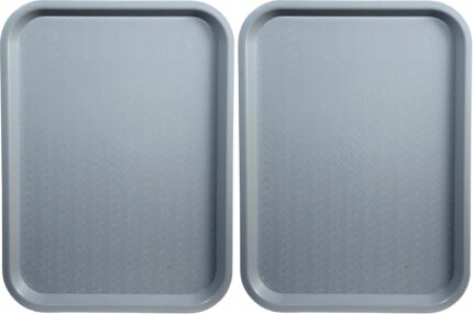Two rectangular gray Winco fast food trays, 14 by 18 inches, stacked neatly on a clean surface.