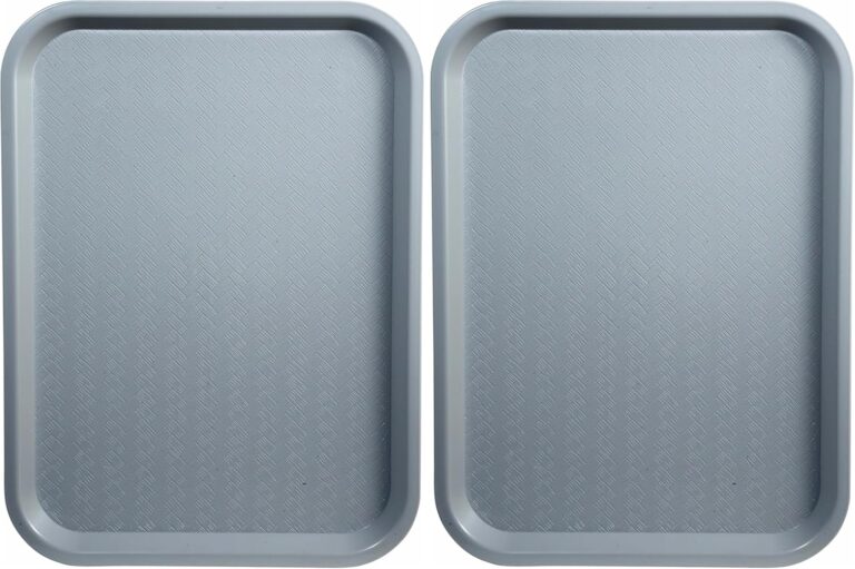 Two rectangular gray Winco fast food trays, 14 by 18 inches, stacked neatly on a clean surface.