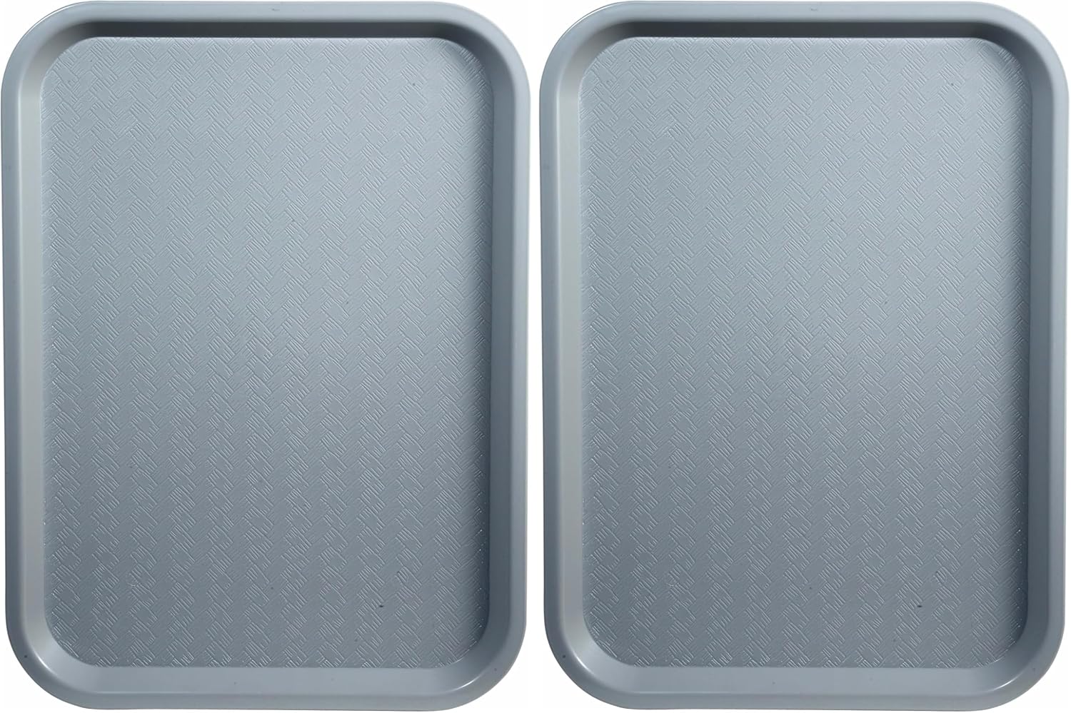 winco-14x18-inch-gray-rectangular-fast-food-trays-set-of-2-01 Two rectangular gray Winco fast food trays, 14 by 18 inches, stacked neatly on a clean surface.
