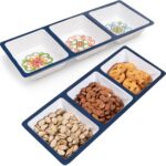 Two ZAROCRUS Talavera patterned 3-section rectangular melamine serving trays with floral design.