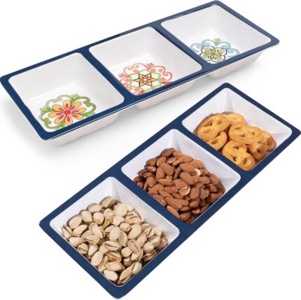 Two ZAROCRUS Talavera patterned 3-section rectangular melamine serving trays with floral design.