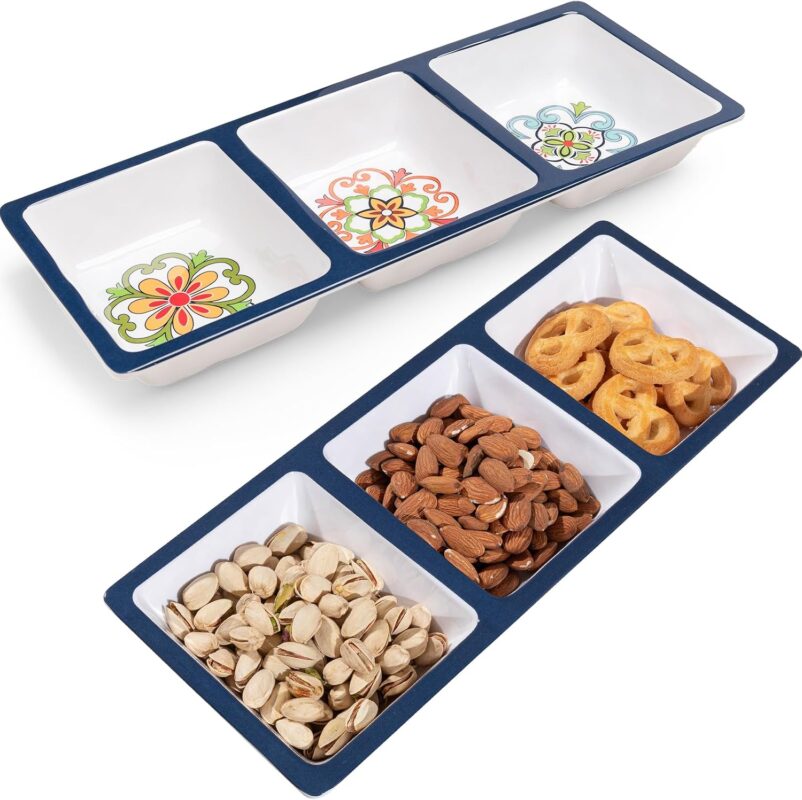 Two ZAROCRUS Talavera patterned 3-section rectangular melamine serving trays with floral design.