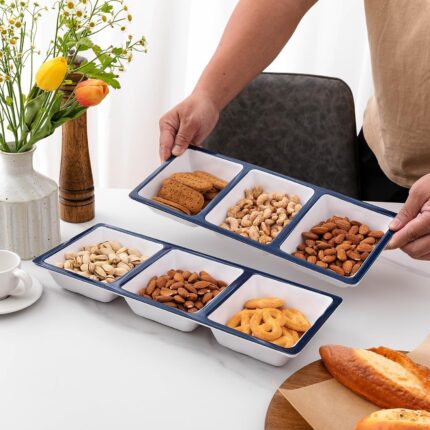 Two ZAROCRUS Talavera patterned 3-section rectangular melamine serving trays with floral design.