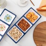 Two ZAROCRUS Talavera patterned 3-section rectangular melamine serving trays with floral design.