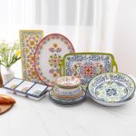 Two ZAROCRUS Talavera patterned 3-section rectangular melamine serving trays with floral design.